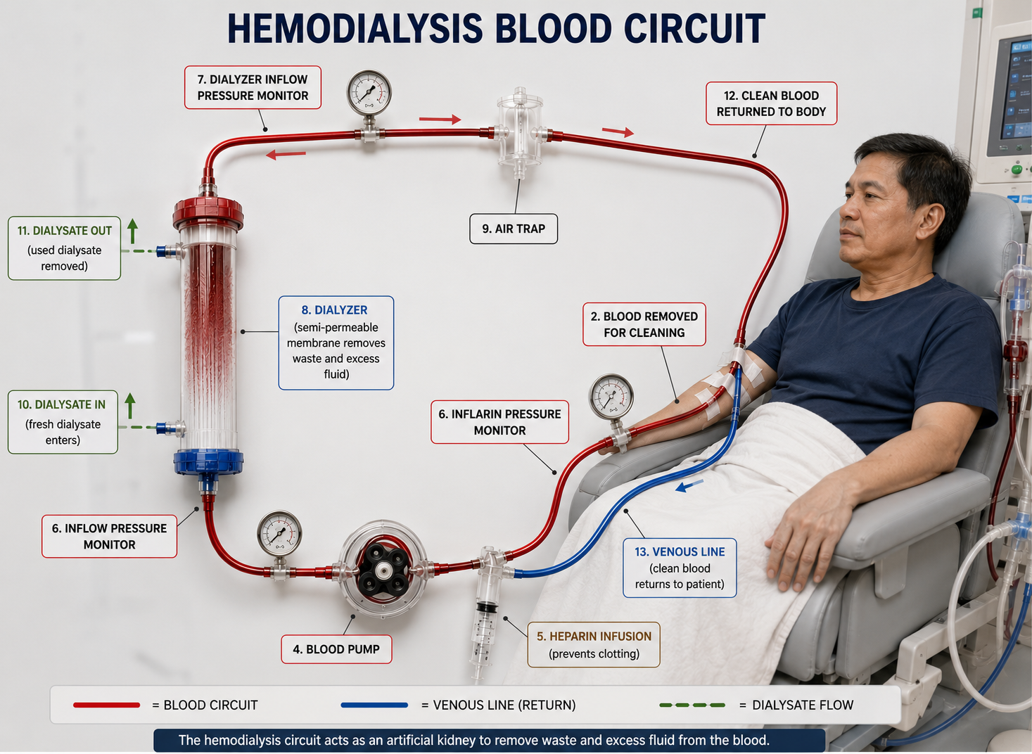 Hemodialysis blood circuit diagram — patient, blood pump, dialyzer, air trap, heparin infusion, and return to patient