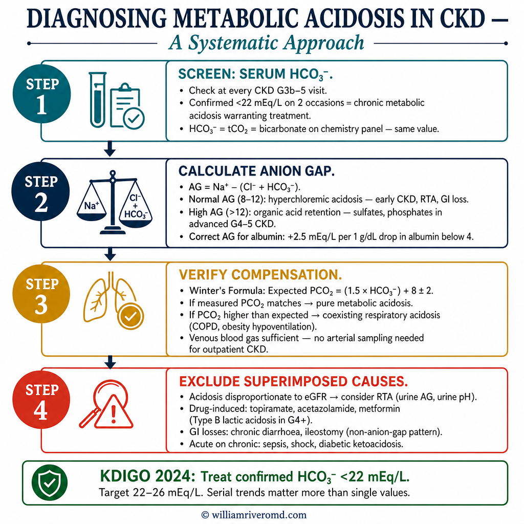 Diagnosing Metabolic Acidosis in CKD — diagnostic criteria and workup algorithm