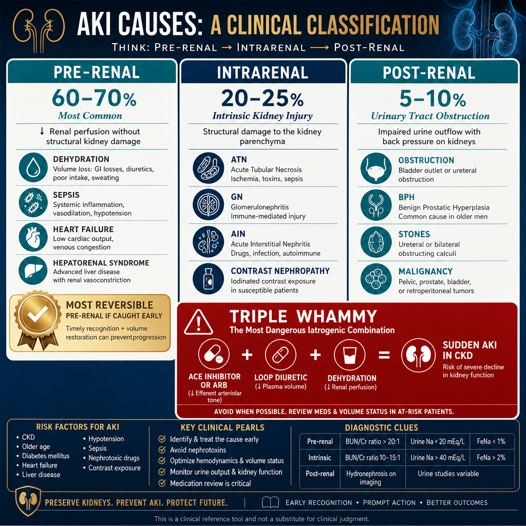 AKI causes classification — pre-renal, intrarenal, post-renal with Triple Whammy warning: ACE/ARB plus diuretic plus dehydration