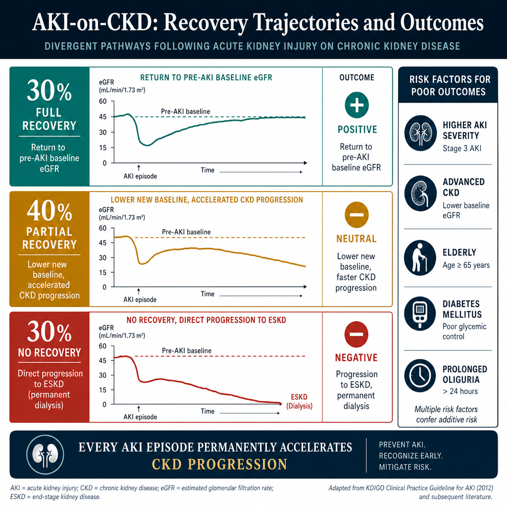 AKI on CKD recovery outcomes — 30% full recovery, 40% partial recovery at lower baseline, 30% direct progression to ESKD
