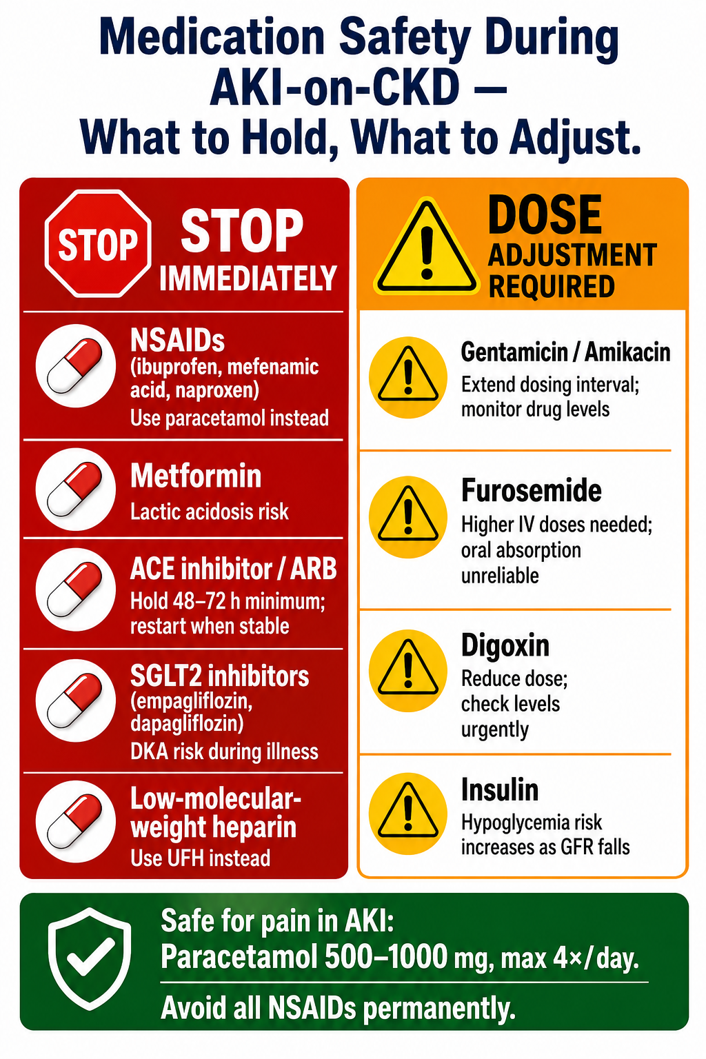 Medication Safety During AKI-on-CKD — two-column chart showing drugs to stop immediately (NSAIDs, metformin, ACE/ARB, SGLT2i, LMWH) versus drugs requiring dose adjustment (gentamicin, furosemide, digoxin, insulin)