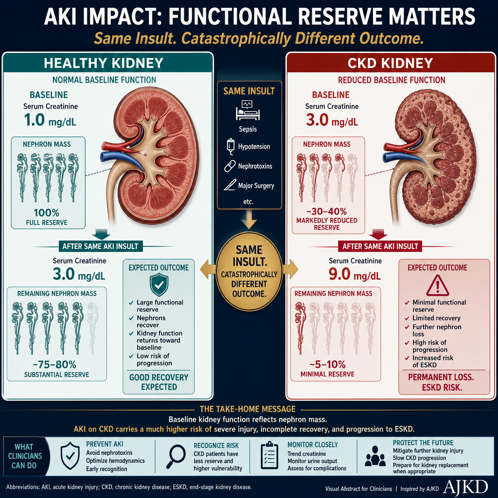 AKI on CKD comparison — same insult causes catastrophically greater damage in CKD kidney with reduced functional reserve versus healthy kidney