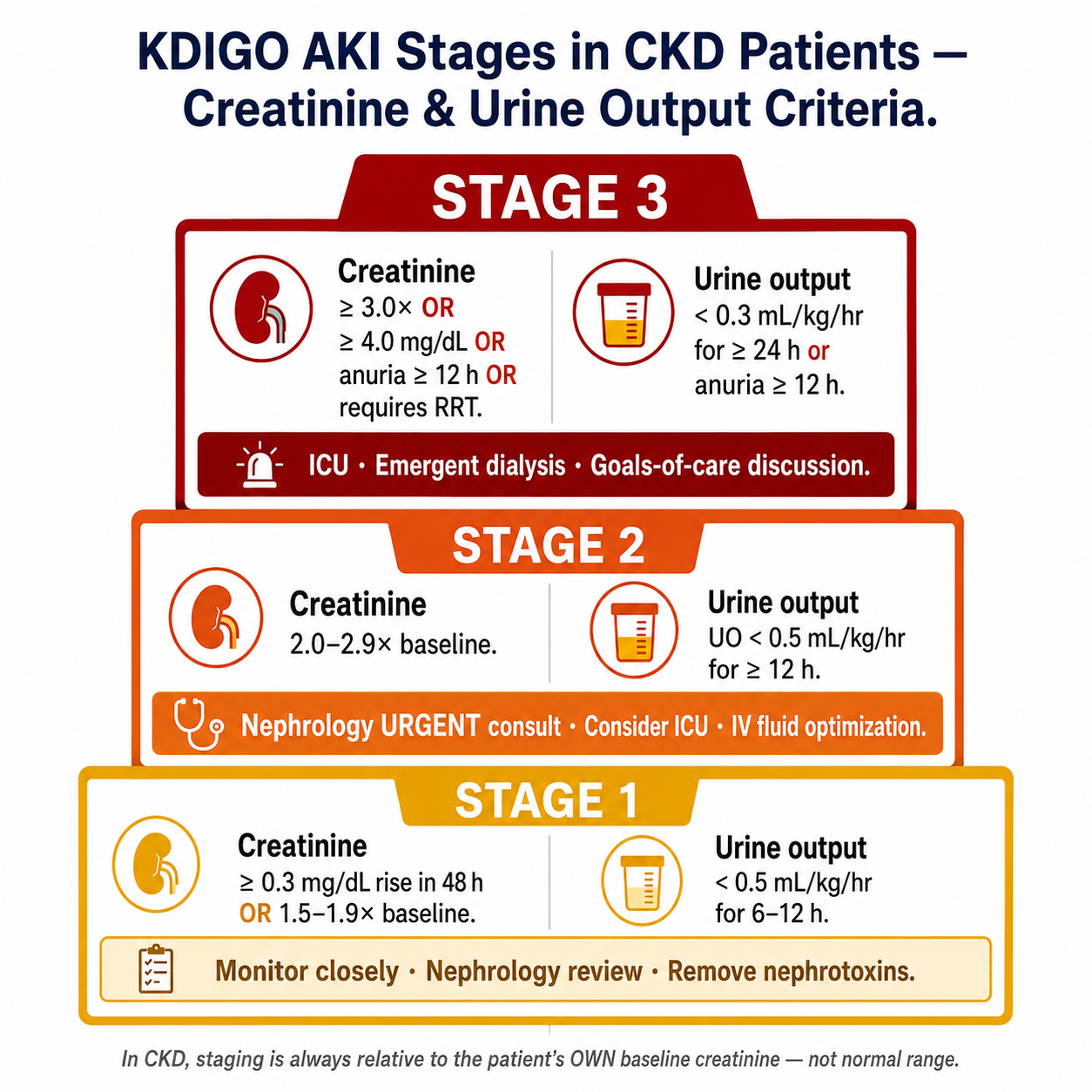KDIGO AKI Stages in CKD Patients — Creatinine and Urine Output Criteria infographic showing Stage 1 amber, Stage 2 red-orange, and Stage 3 deep crimson with clinical thresholds and actions