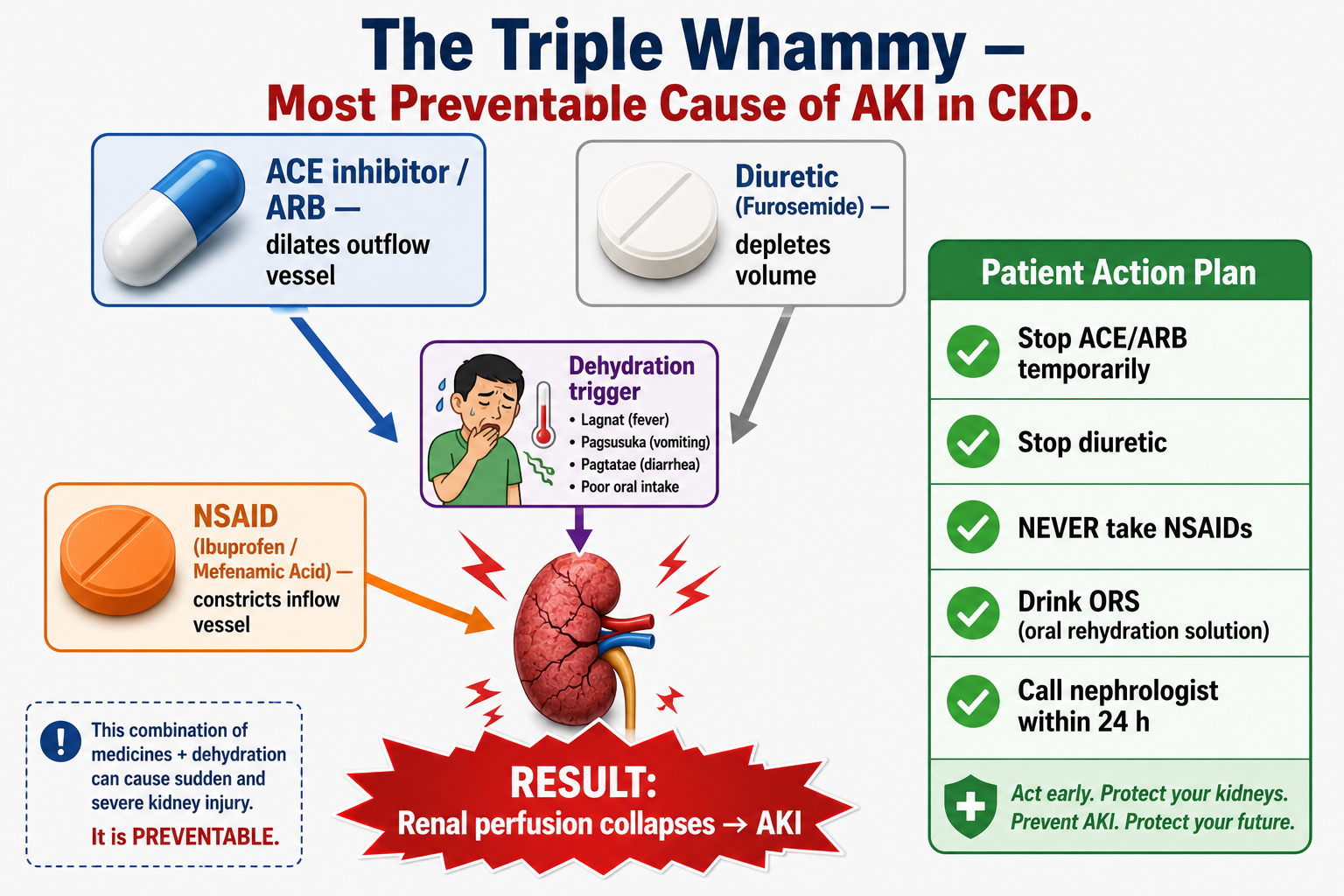 The Triple Whammy — ACE inhibitor/ARB plus diuretic plus NSAID in a dehydrated CKD patient causing acute kidney injury with patient action plan