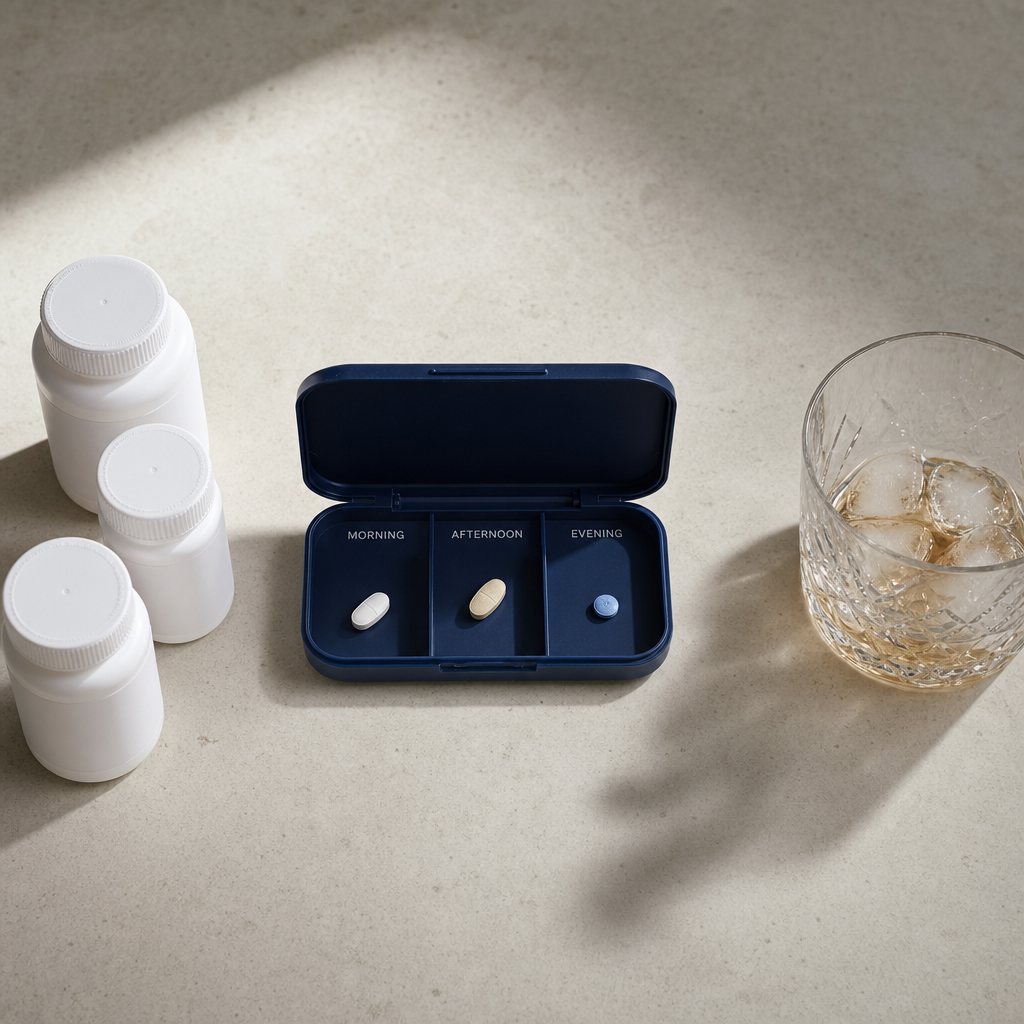 Prescription medications and an empty drinking glass side by side on a counter — illustrating the drug-alcohol interactions covered in this guide