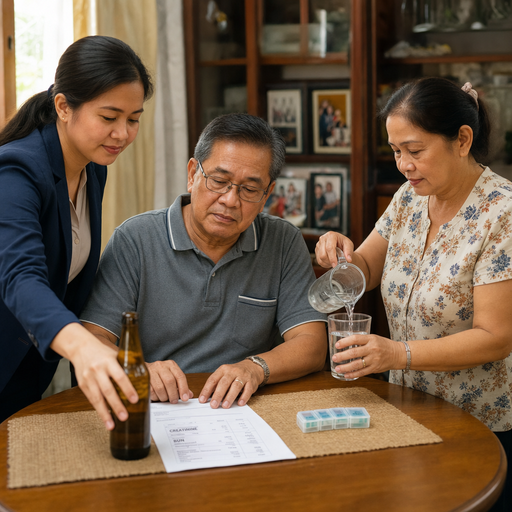 Filipino patient at home with family — daughter gently setting aside a beer bottle while his wife pours water; lab results visible on the table