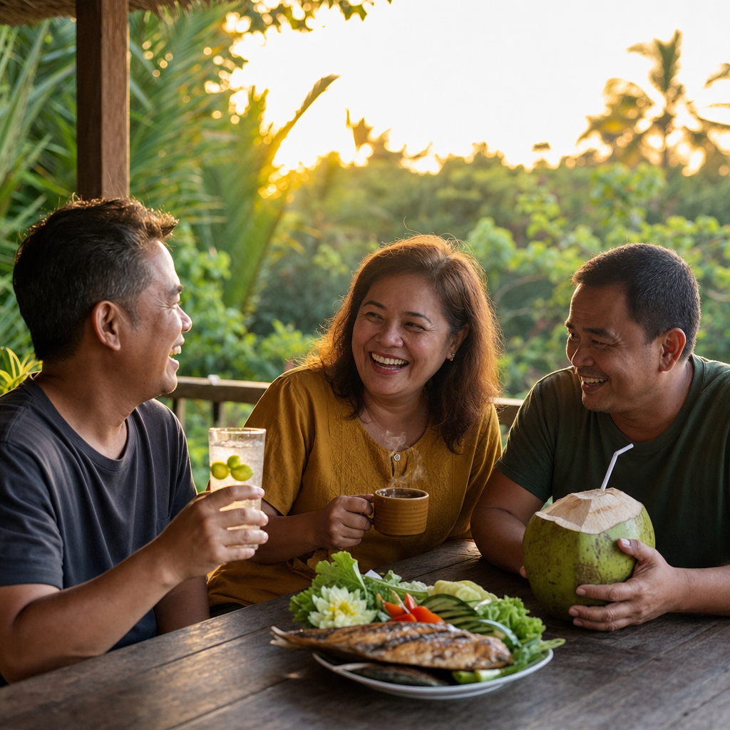 Three Filipino friends laughing at an outdoor table with non-alcoholic drinks — soda water with calamansi, kape barako, and buko with a straw — showing that alcohol alternatives can be enjoyable