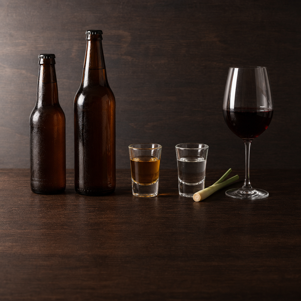 Side-by-side comparison of common Filipino drinks at a standard serving size — beer bottles, rum shot, lambanog shot, and wine glass — for grams-of-alcohol reference