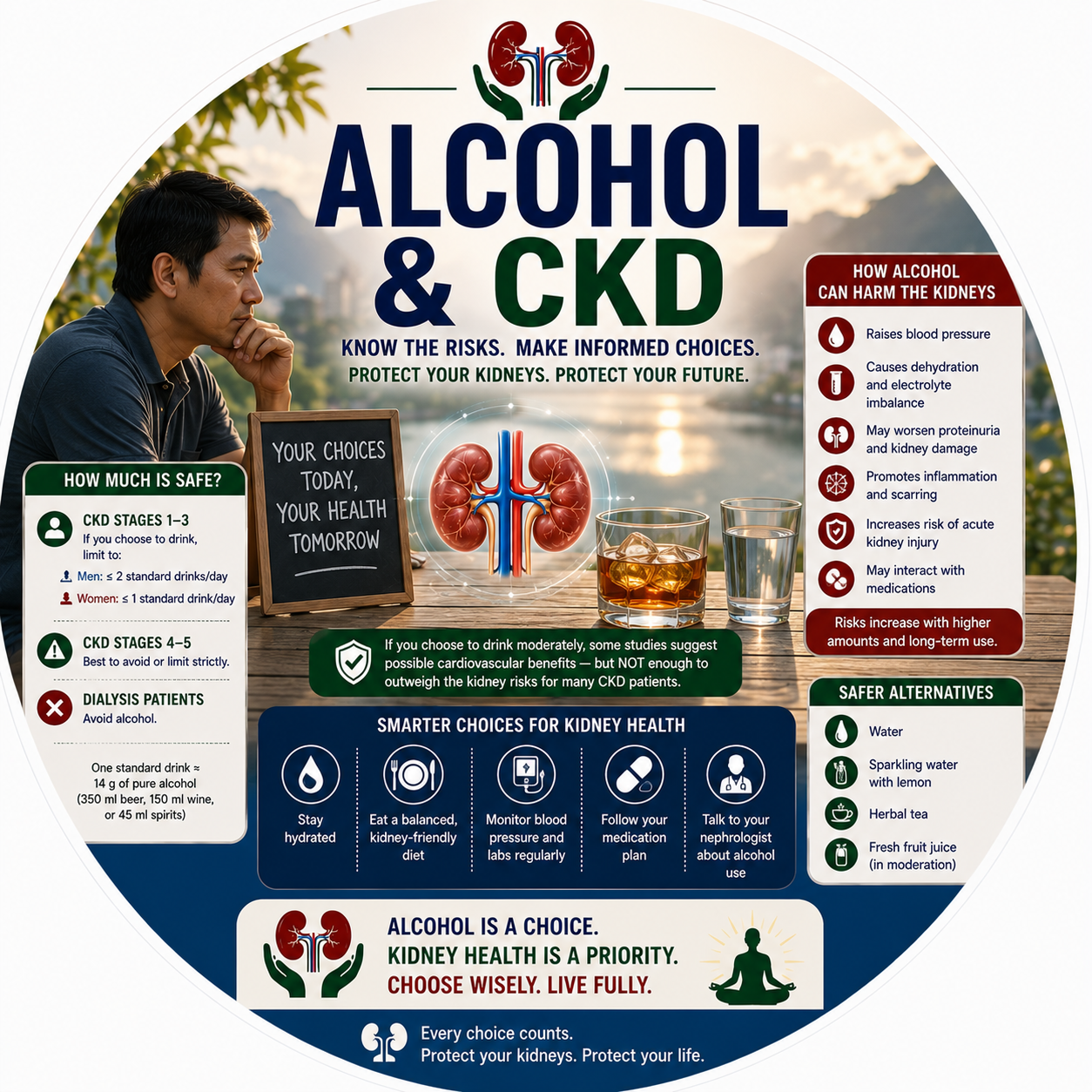 Circular vignette hero illustration for the alcohol and CKD guide.