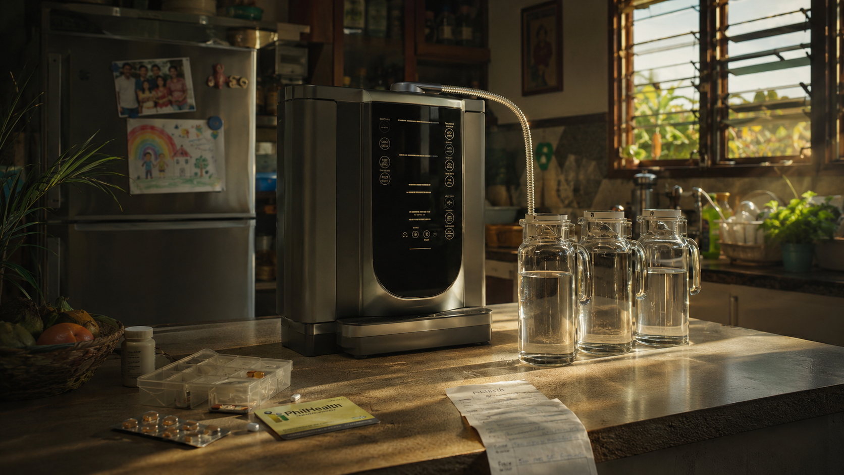 Filipino home kitchen with alkaline water ionizer machine prominently displayed, medications and PhilHealth card pushed aside, glass jugs of ionized water filling the counter