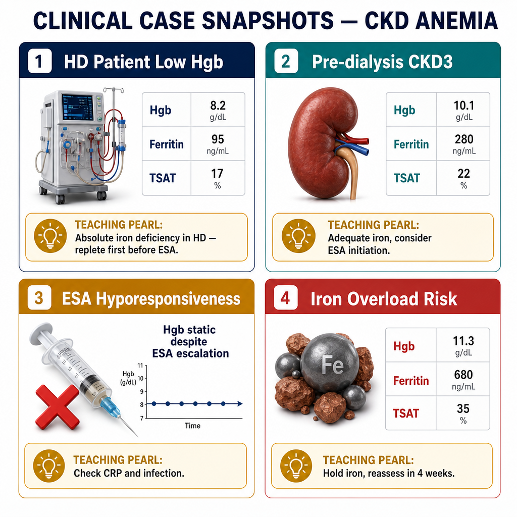 CKD Anemia Clinical Case Snapshots — four case cards with lab trends, dialysis status, diagnostic clues, and teaching pearls