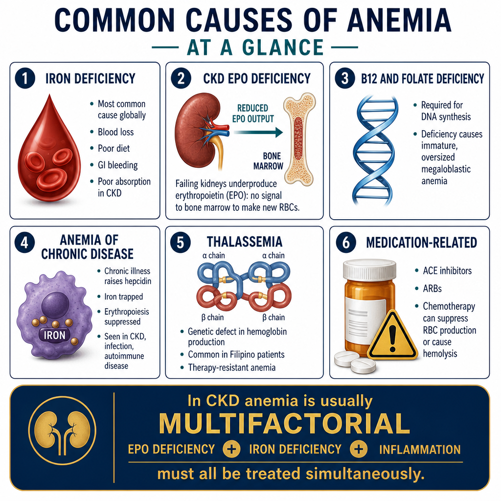 Common Causes of Anemia — iron deficiency, CKD EPO deficiency, B12 folate deficiency, anemia of chronic disease, thalassemia, medication-related