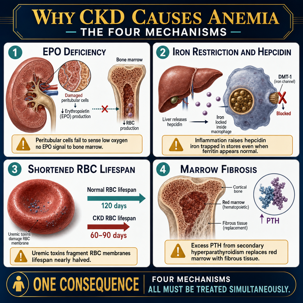 Why CKD causes anemia — four mechanisms: EPO deficiency, hepcidin-mediated iron restriction, uremic toxin-shortened RBC lifespan, and PTH-driven marrow fibrosis
