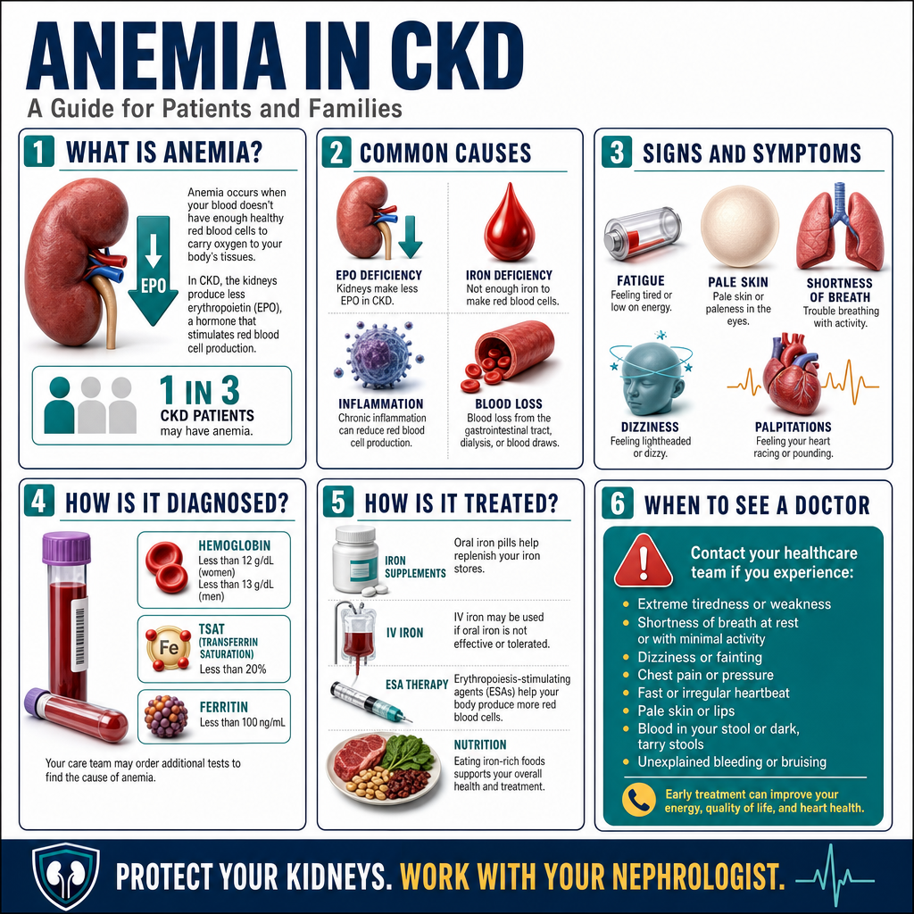 Anemia in Chronic Kidney Disease infographic: why it happens (EPO deficiency), common symptoms, how it is diagnosed, treatment options (iron, ESA medications), iron-rich foods, tips to help, and when to seek help.