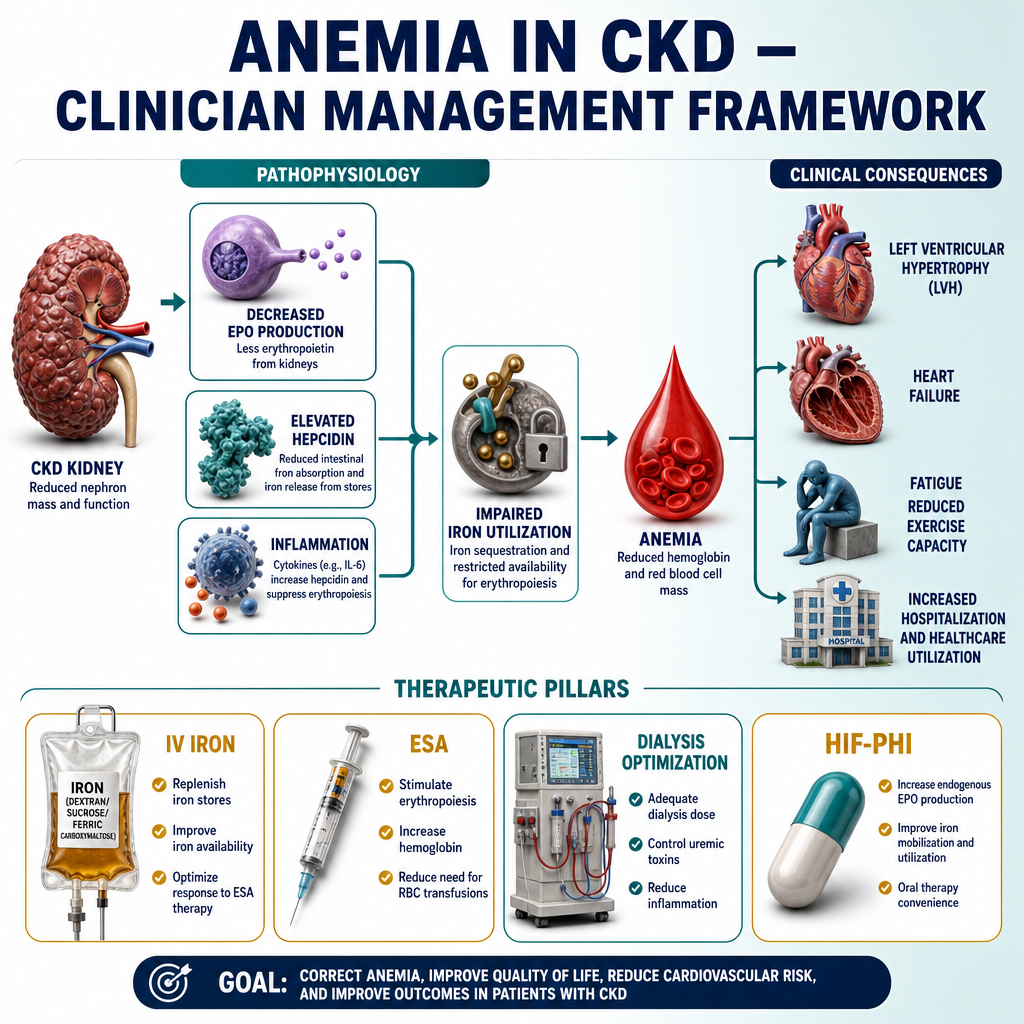 CKD Anemia Clinician Management Framework — pathophysiology flow, therapy pillars, clinical consequences