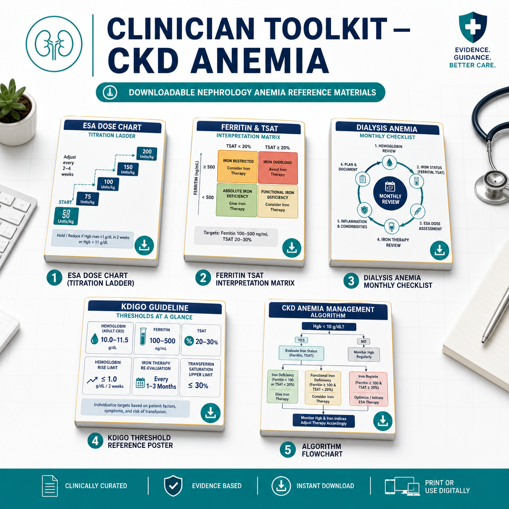 Clinician Toolkit Preview — ESA dose chart, ferritin interpretation card, dialysis checklist, KDIGO reference poster, algorithm flowchart