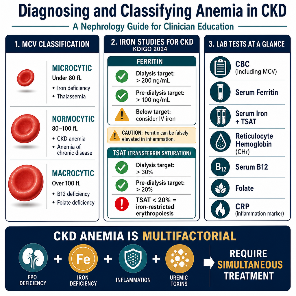 Diagnosing and Classifying Anemia in CKD — MCV categories, iron studies, ferritin targets, TSAT thresholds
