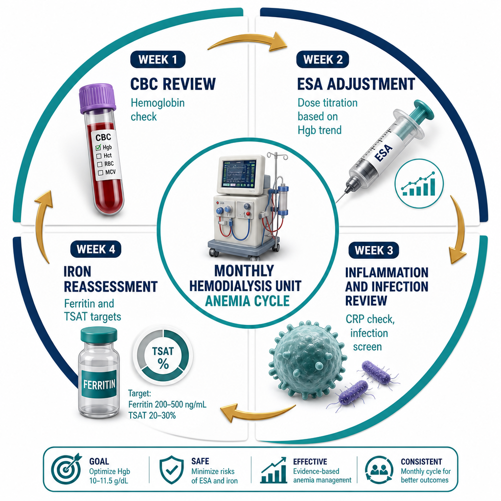 Monthly Hemodialysis Anemia Management Cycle — Week 1 CBC review, Week 2 ESA adjustment, Week 3 inflammation review, Week 4 iron reassessment