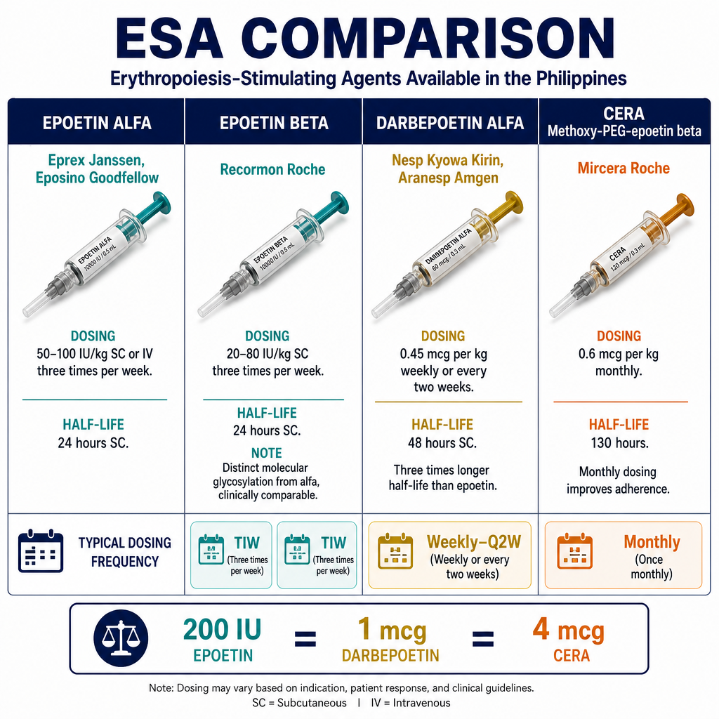 ESA Comparison — Epoetin Alfa (Eprex/Eposino), Epoetin Beta (Recormon), Darbepoetin Alfa (Nesp/Aranesp), CERA (Mircera): half-life, frequency, starting dose, route, Philippines availability