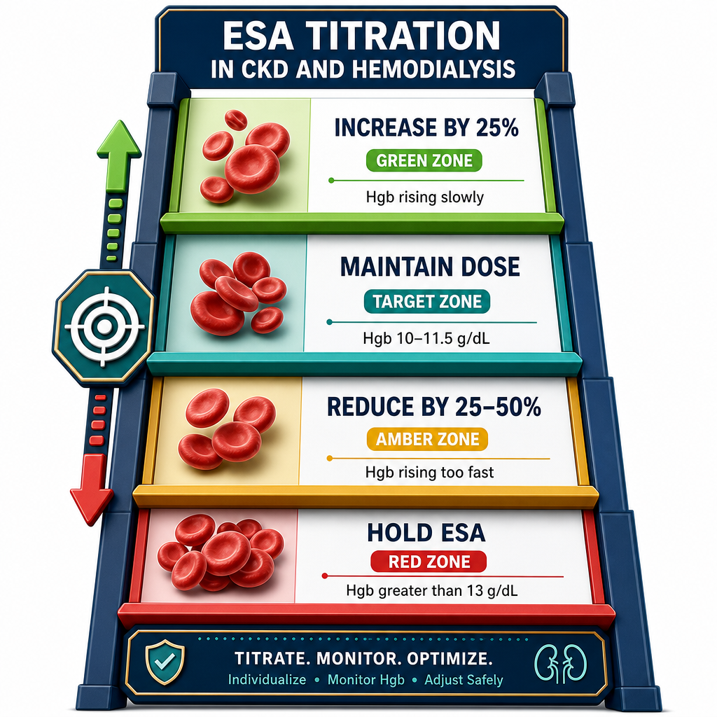 ESA Dose Adjustment Ladder — increase 25%, maintain, reduce 25–50%, hold based on hemoglobin trends and target zone