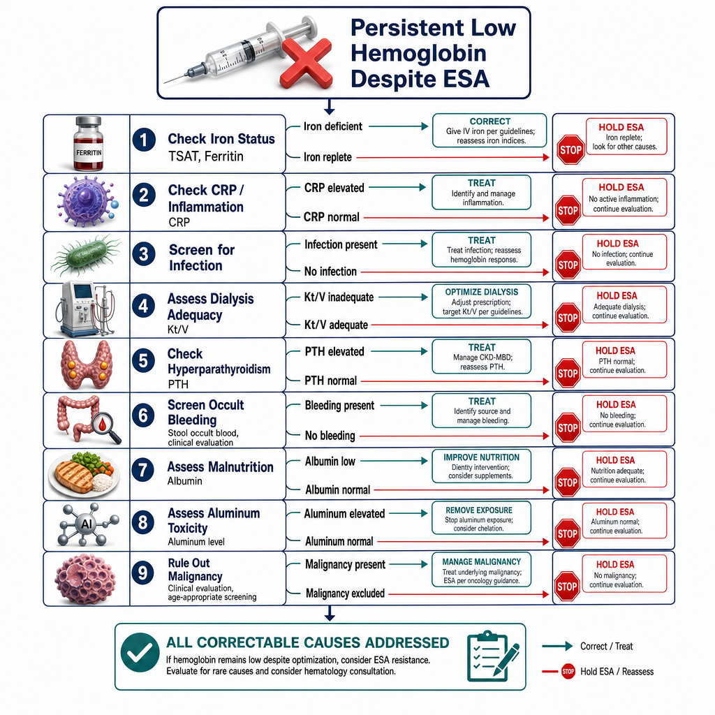 ESA Hyporesponsiveness Evaluation Flowchart — sequential workup: iron, inflammation, infection, dialysis adequacy, PTH, bleeding, nutrition, aluminum, malignancy