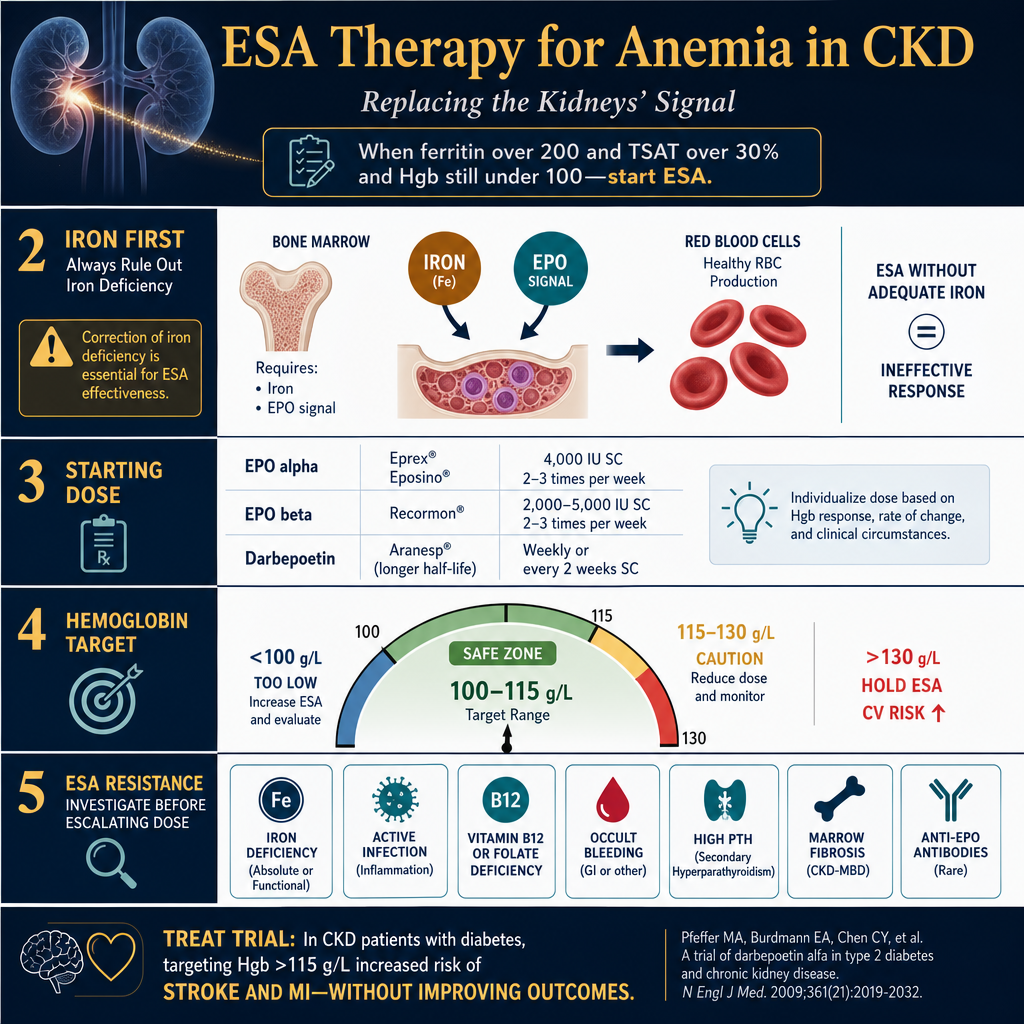 ESA Therapy for Anemia in CKD — EPO dosing, hemoglobin targets, hypertension risk, and when to escalate