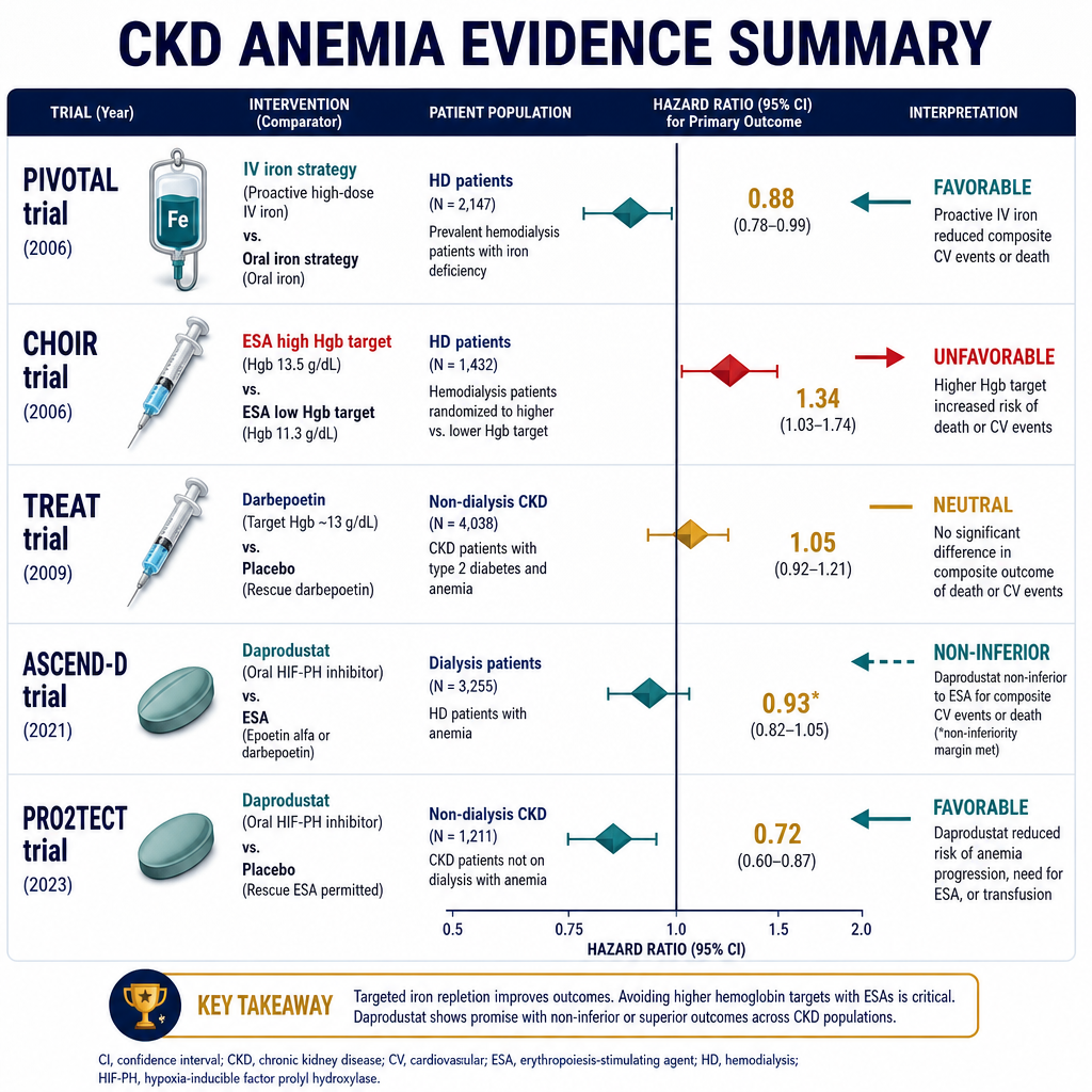 CKD Anemia Evidence Summary — forest plot of PIVOTAL, CHOIR, TREAT, ASCEND-D, PRO2TECT trials with interventions, populations, and outcome directions
