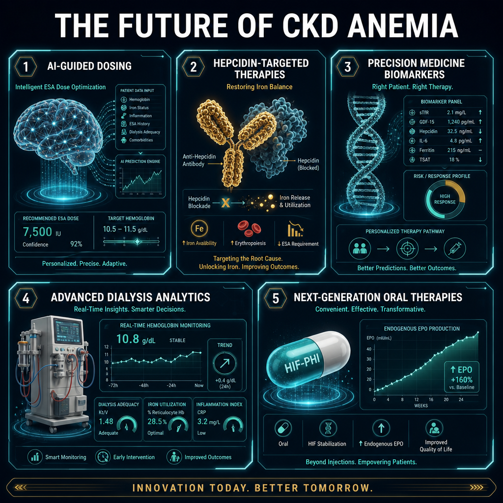 Future of CKD Anemia Management — AI-guided dosing, hepcidin-targeted therapies, precision medicine biomarkers, advanced dialysis analytics, next-generation oral therapies