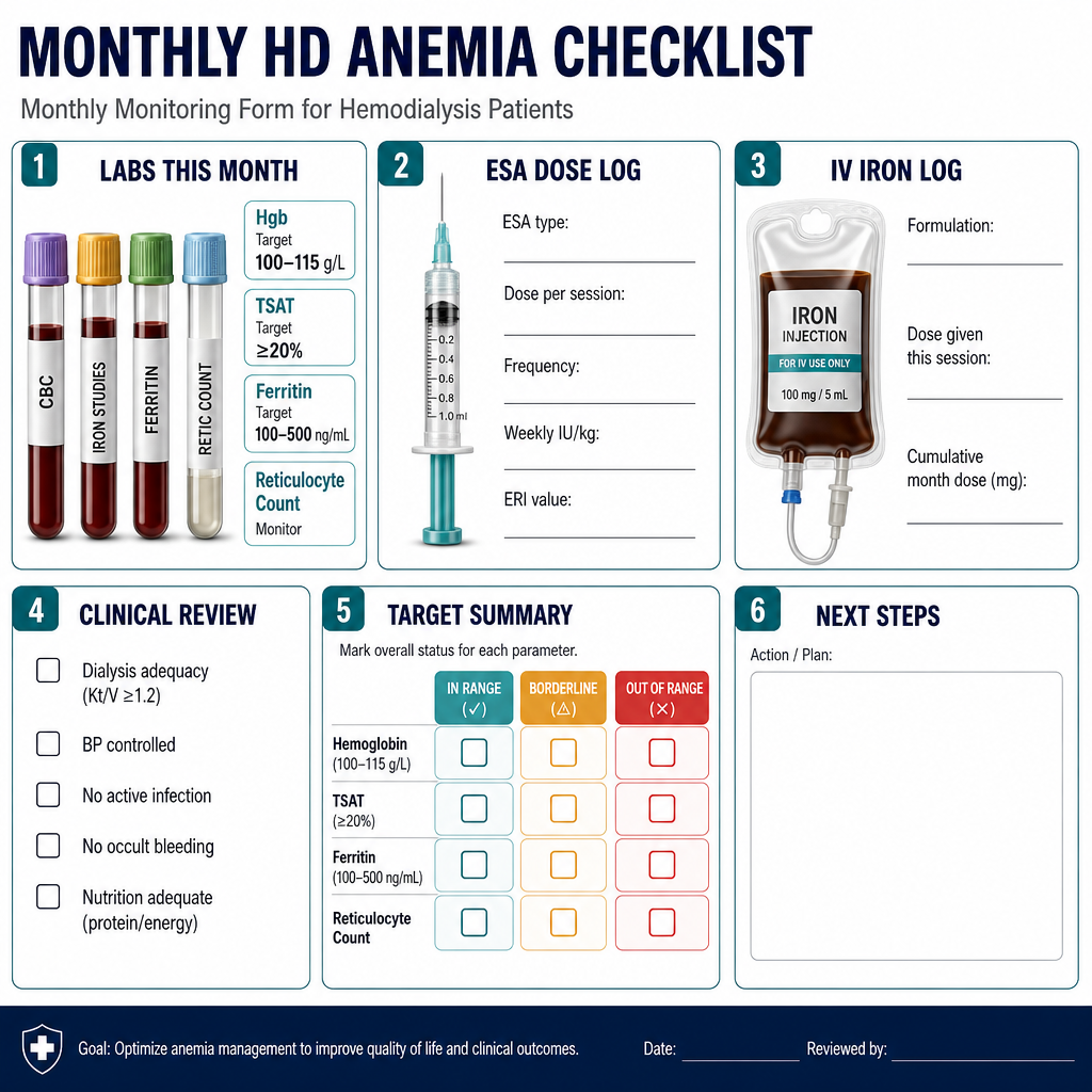 Monthly HD Anemia Checklist — lab targets, ESA tracking, IV iron log, clinical review