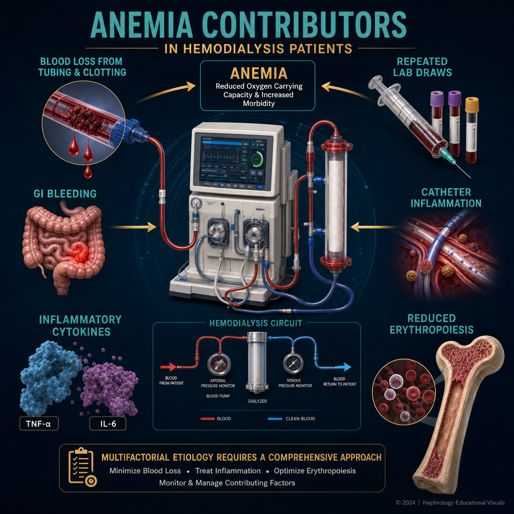 Anemia Contributors in Hemodialysis Patients — blood losses, repeated lab draws, GI bleeding, catheter inflammation, inflammatory cytokines, reduced erythropoiesis