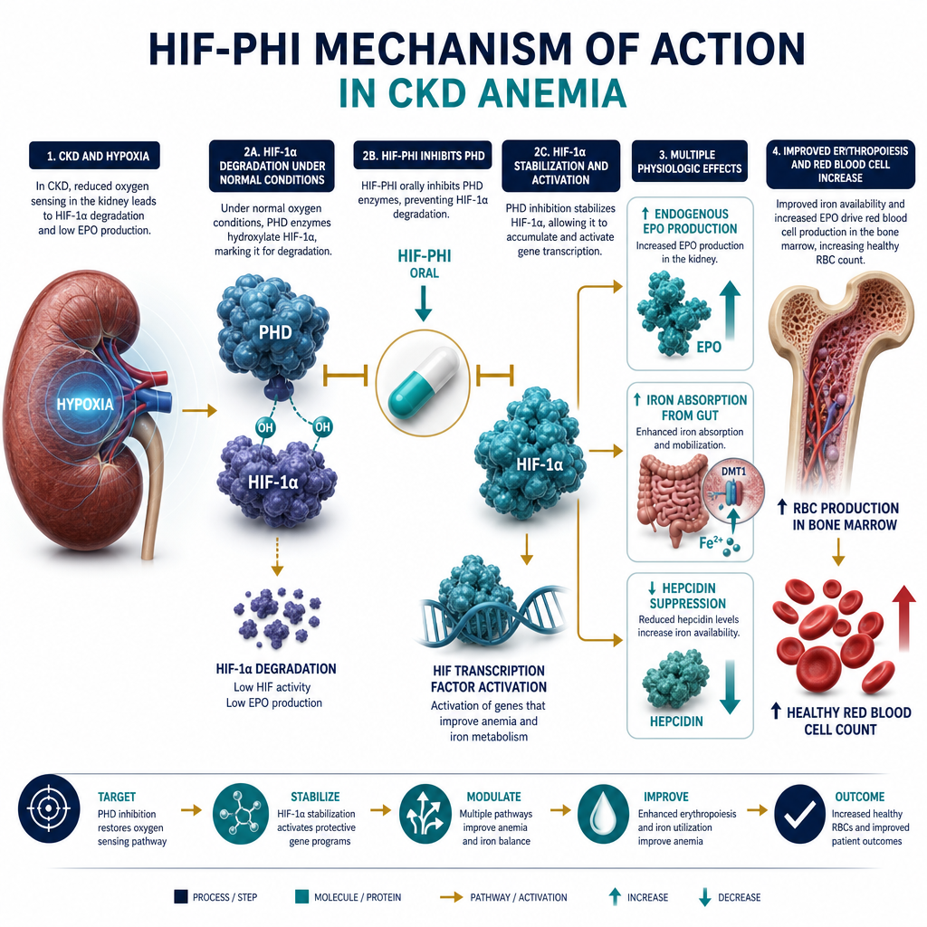HIF-PHI Mechanism of Action — PHD inhibition, HIF stabilization, endogenous EPO production, improved iron utilization, increased RBC production