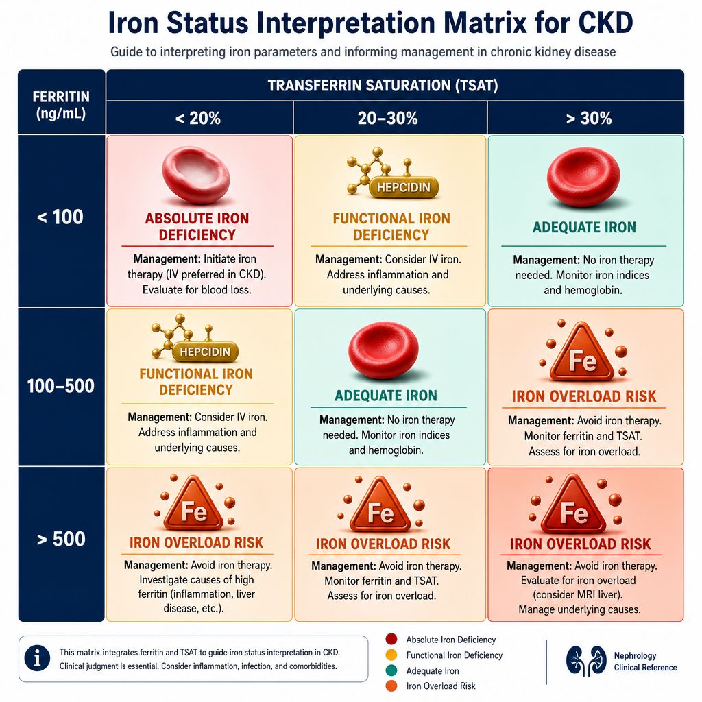 Iron Status Interpretation Matrix — ferritin vs TSAT quadrants: absolute deficiency, functional deficiency, adequate, overload risk