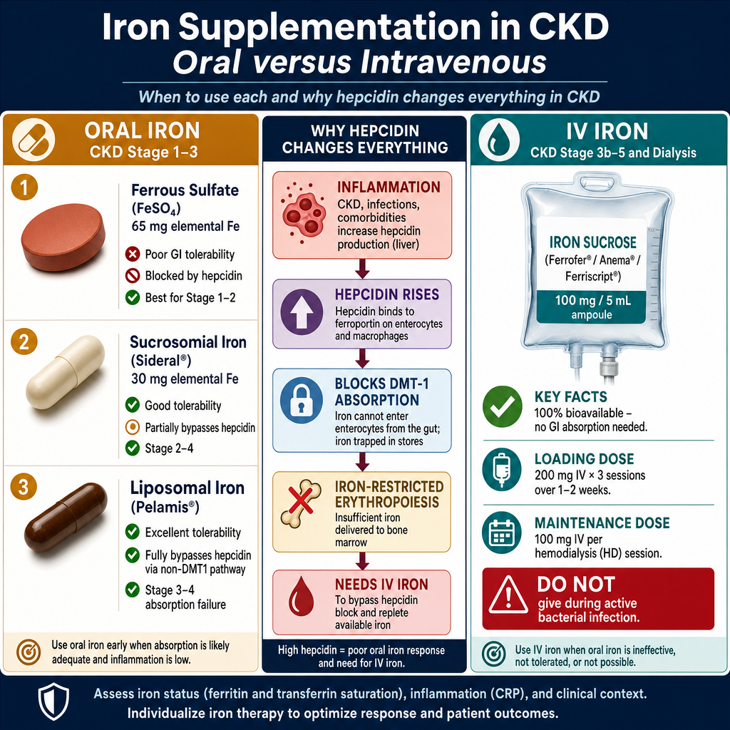 Iron Supplementation in CKD — Oral vs Intravenous: oral formulations (ferrous sulfate, sucrosomial Sideral, liposomal Pelamis) for Stage 1–3, IV iron sucrose for Stage 3b–5 and dialysis, hepcidin pathway