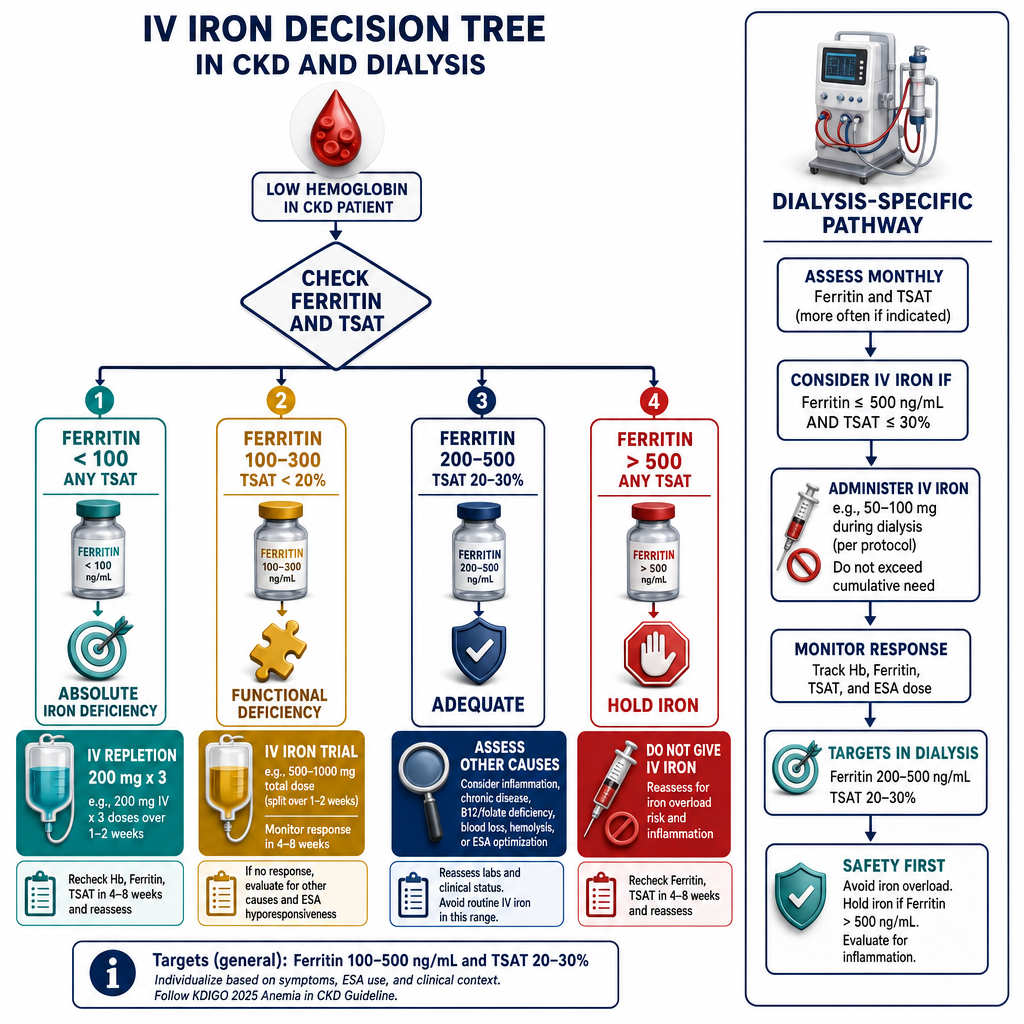 IV Iron Decision Tree in CKD — ferritin and TSAT-based branches for oral iron, IV repletion, maintenance, or hold