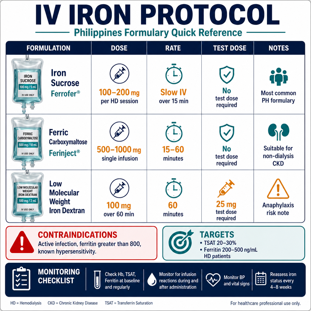 IV Iron Protocol Reference Card — Philippines formulary guide with dosing, infusion rates, and monitoring for iron sucrose, ferric carboxymaltose, and iron dextran