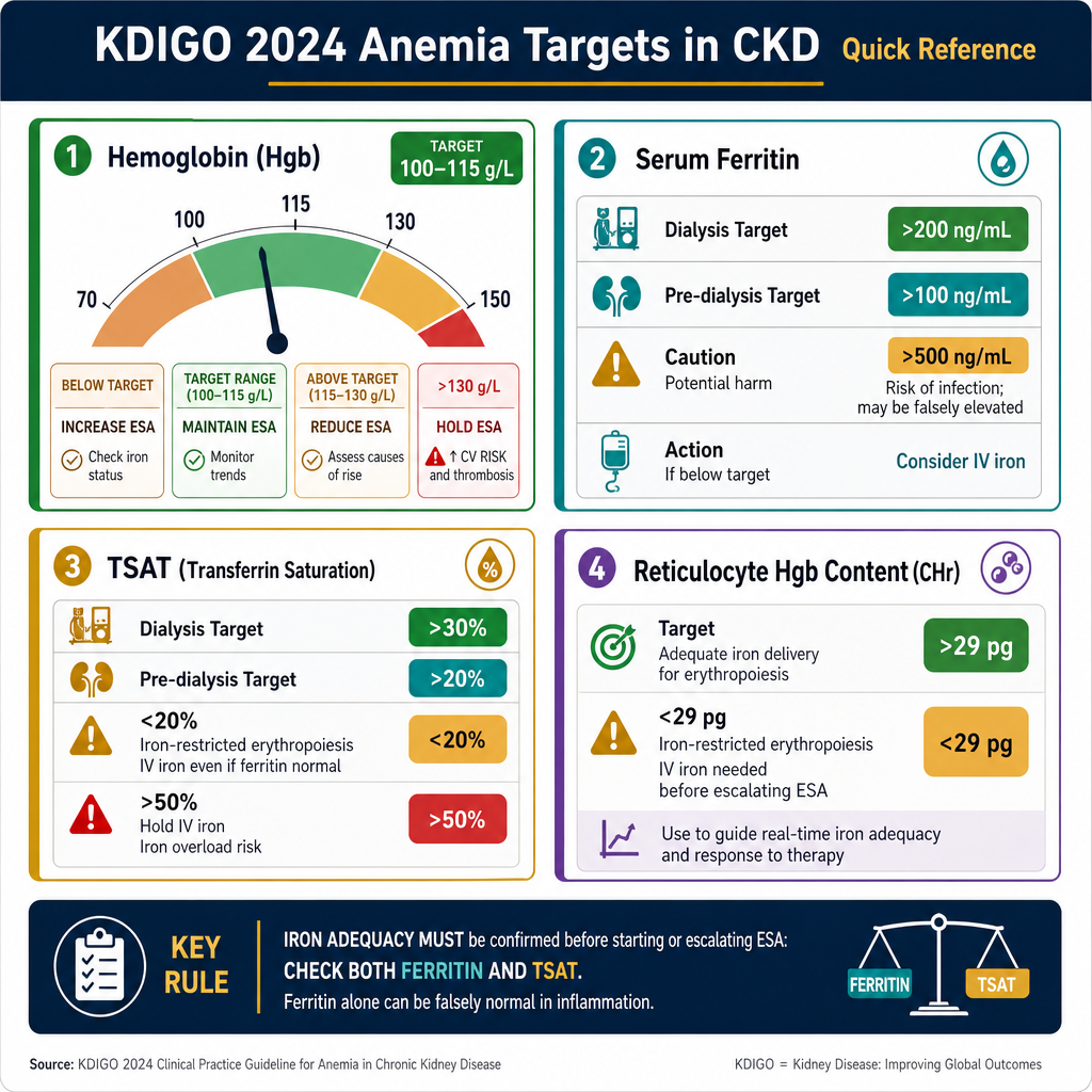 KDIGO 2024 Anemia Management Targets — Hemoglobin 100–115 g/L, Ferritin >200 ng/mL dialysis, TSAT >30% dialysis, CHr >29 pg