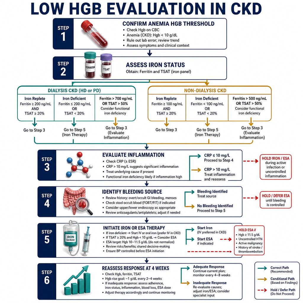 Low Hemoglobin Evaluation Algorithm in CKD — confirm anemia, assess iron, evaluate inflammation, identify bleeding, initiate therapy, reassess response