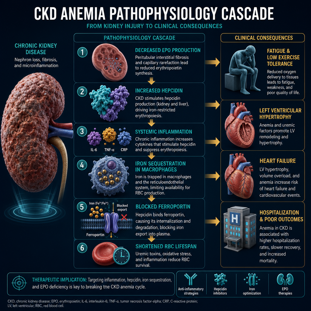 CKD Anemia Pathophysiology Cascade — EPO deficiency, hepcidin, iron sequestration, shortened RBC lifespan, clinical consequences