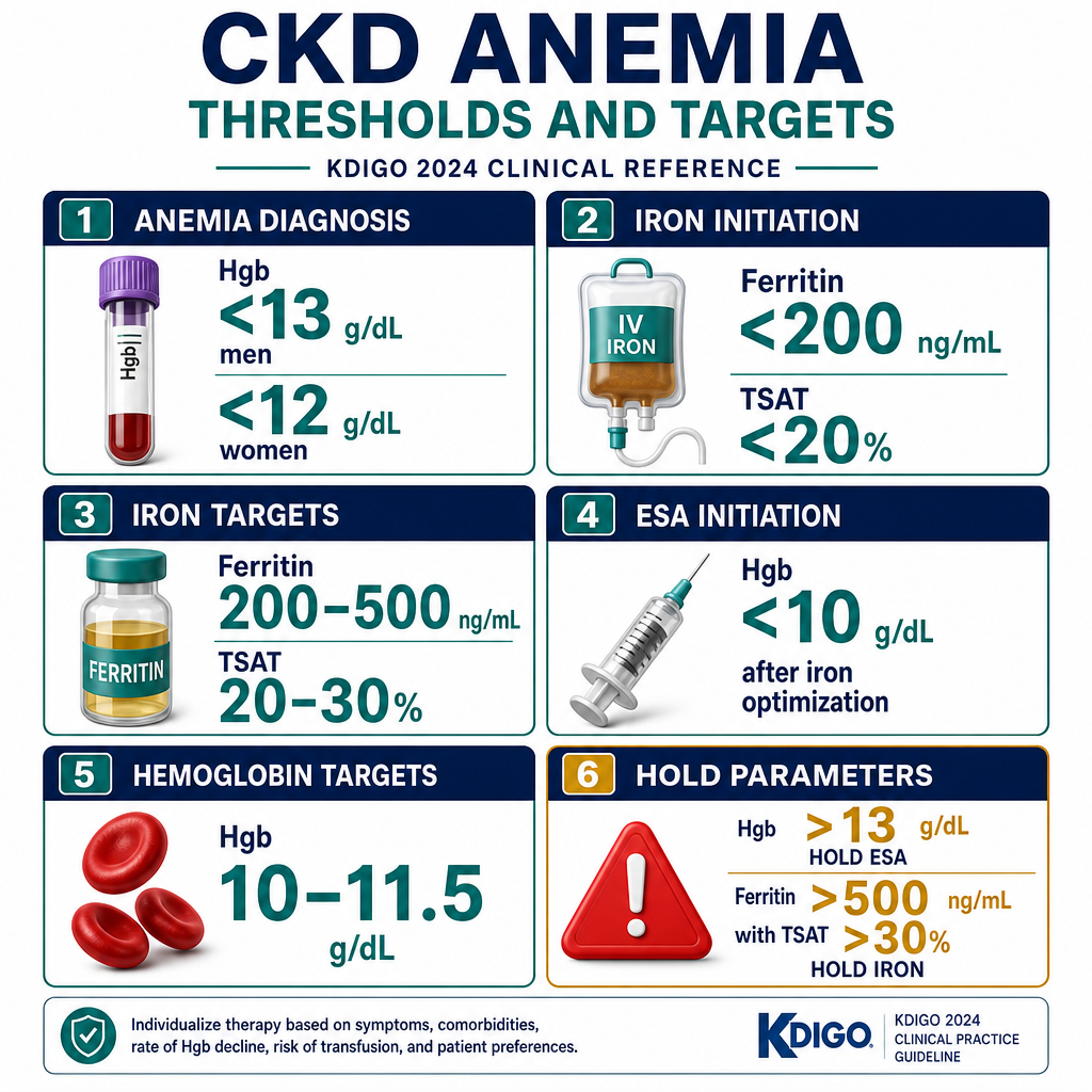 CKD Anemia Clinical Thresholds Quick Reference — anemia diagnosis, iron initiation, ESA initiation, hemoglobin targets, hold parameters