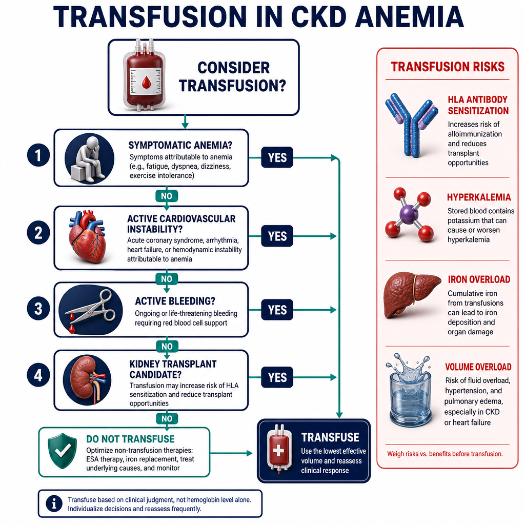 Transfusion Decision Algorithm in CKD — decision nodes for symptomatic anemia, cardiovascular instability, bleeding, transplant candidacy; transfusion risks panel