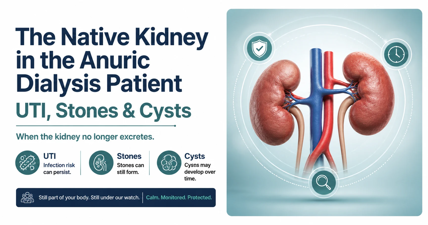 Clinical diagram of the native kidneys and bladder in an anuric hemodialysis patient — a companion guide on occult UTI, stones, and cysts by W Rivero, MD