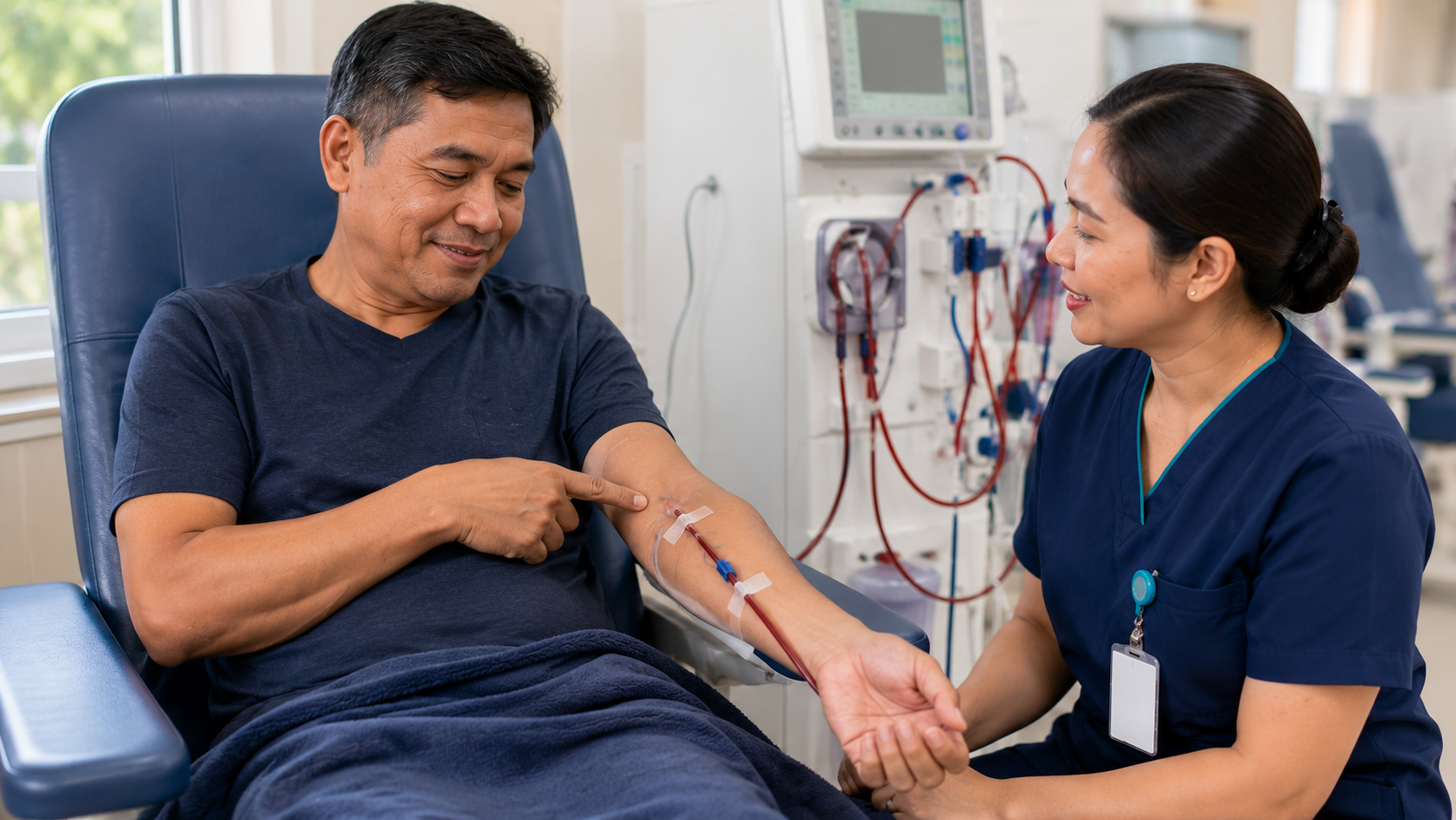 Filipino male dialysis patient examining his AVF with a nurse — long-term AVF care, by W Rivero, MD