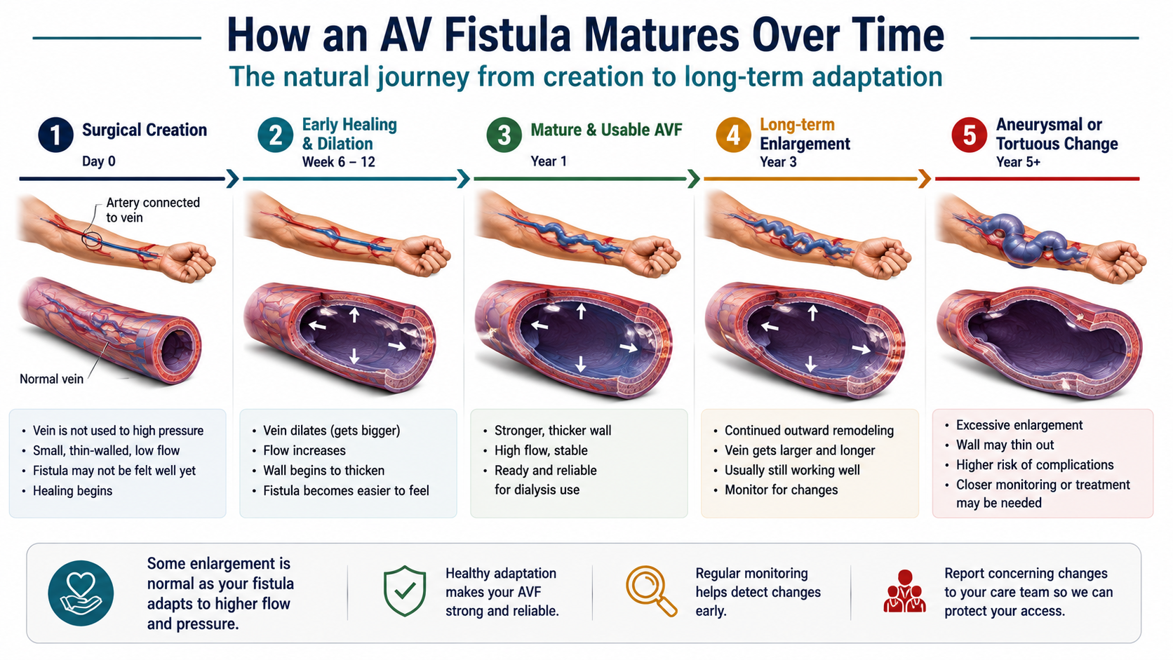 AVF maturation timeline from surgical creation through year 5, with cross-sectional wall appearance at each stage — diagram — by W Rivero, MD