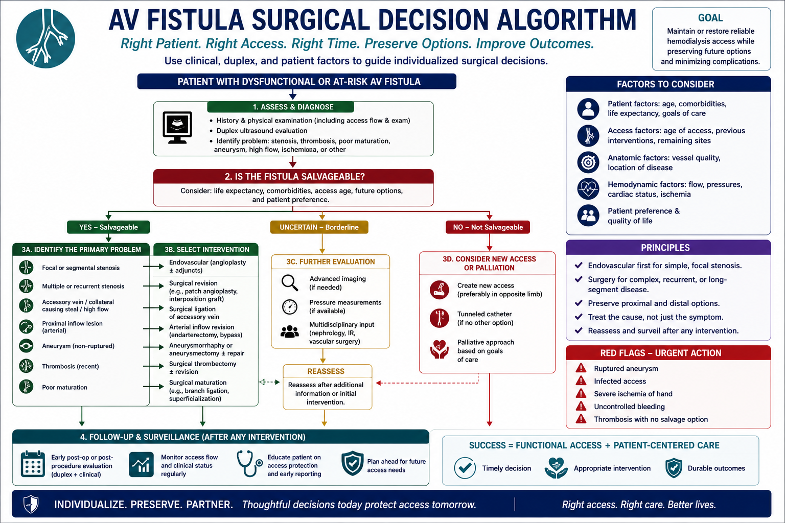 Surgical decision algorithm for AVF aneurysmal change — clinical flowchart — by W Rivero, MD