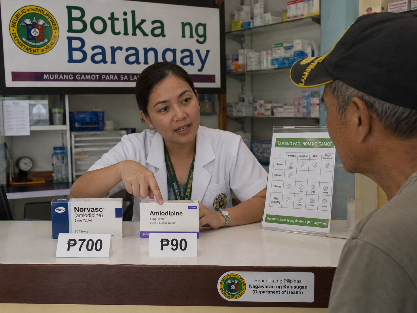Filipino pharmacist at a Botika ng Barangay counter showing Norvasc branded amlodipine at ₱700 next to generic amlodipine at ₱90 to an elderly patient, with a DOH dosing guide visible on the counter