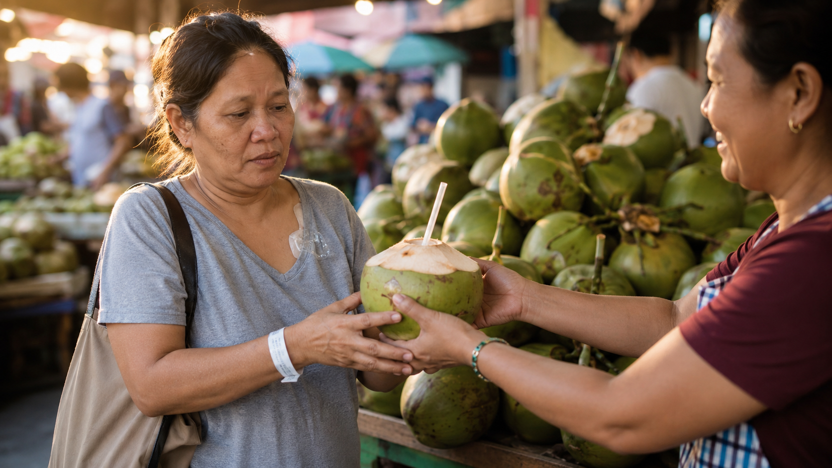 Filipino woman with hospital bracelet hesitating as a market vendor hands her a fresh buko juice