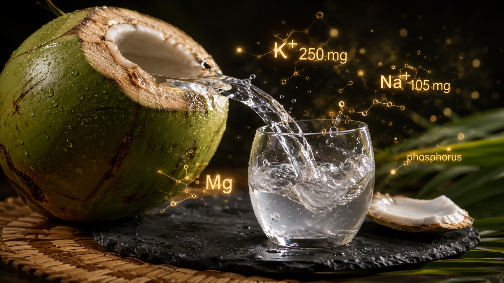 Young green coconut pouring juice into a glass with glowing K+, Na+, Mg, and phosphorus labels floating above
