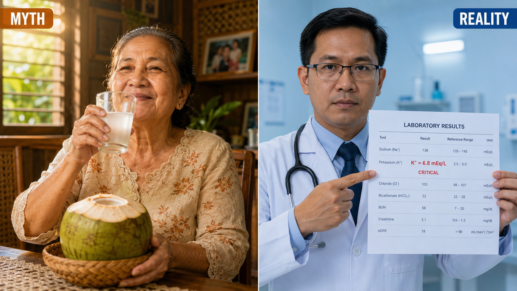 Split panel: left shows Filipino grandmother happily drinking buko juice labeled MYTH, right shows nephrologist pointing to K+ 6.8 mEq/L CRITICAL lab result labeled REALITY