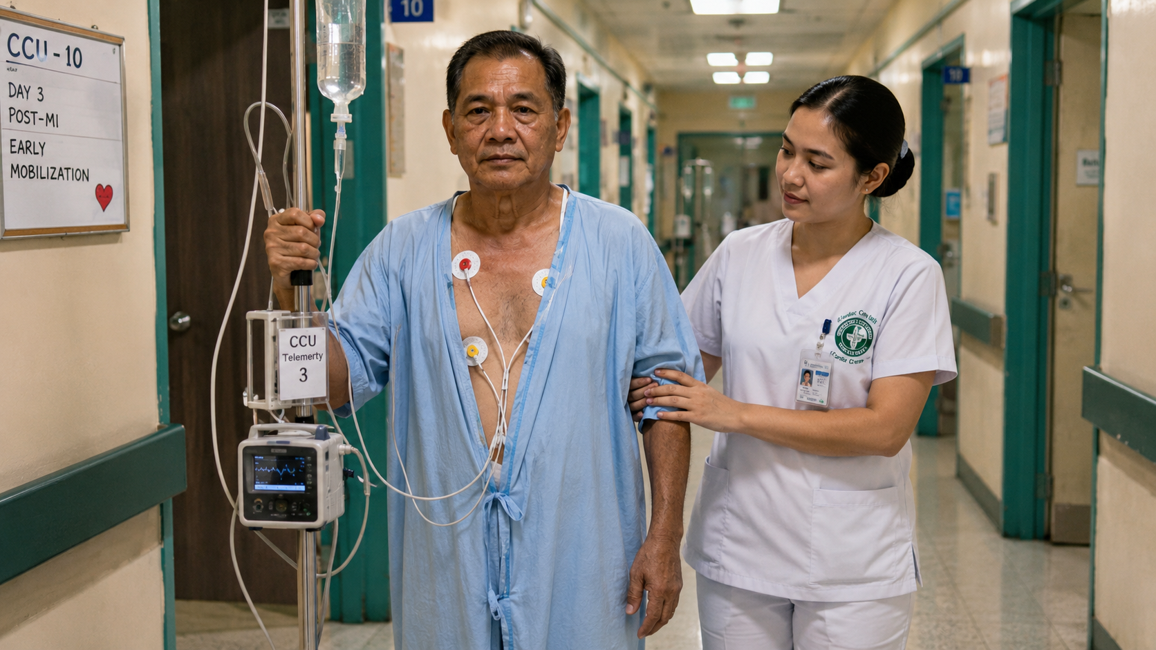 Filipino post-MI patient on Day 3 walking the CCU corridor with a nurse during Phase I cardiac rehabilitation — ECG telemetry leads visible on his chest, IV pole in hand