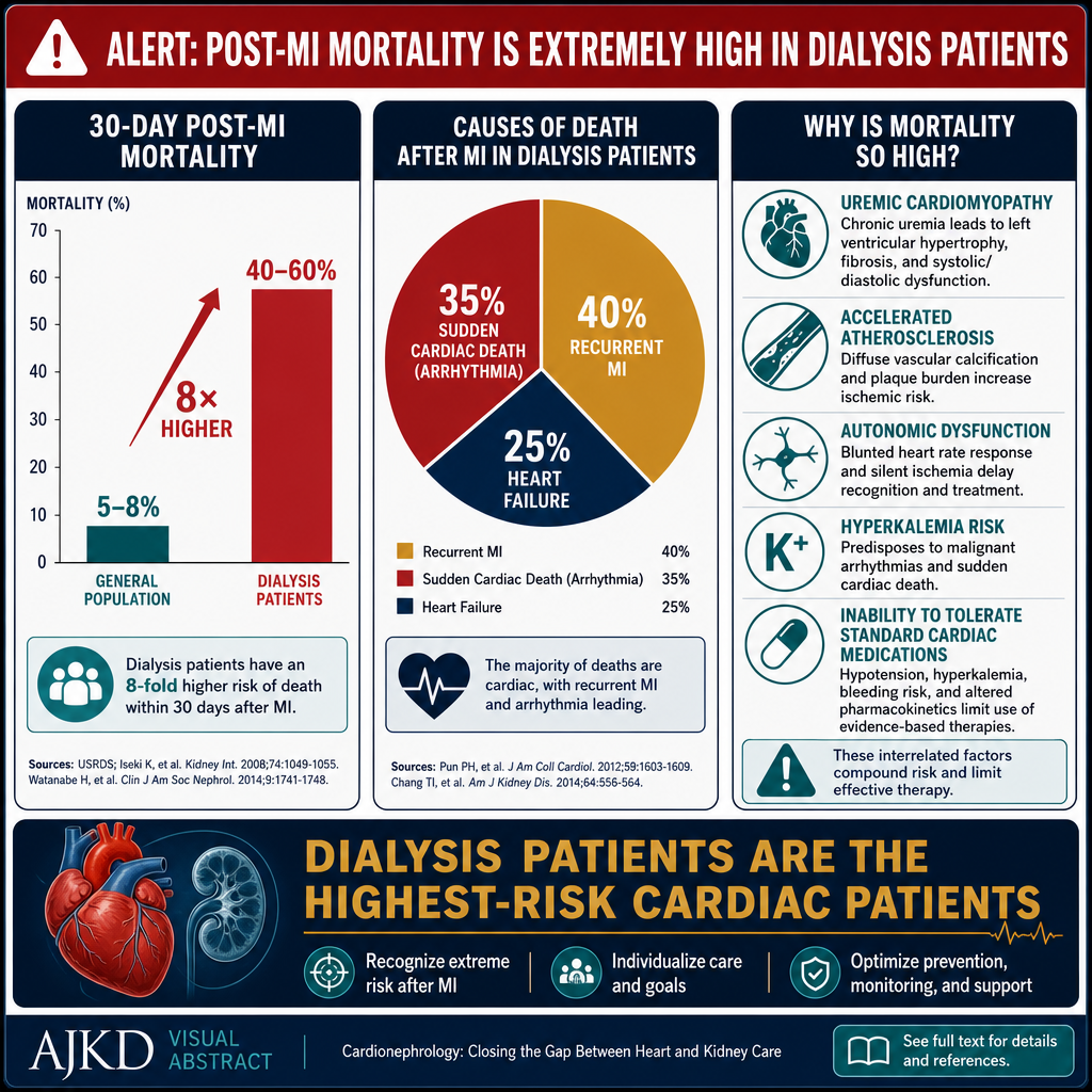 Post-MI mortality in dialysis patients — 40-60% vs 5-8% general population, 8x higher risk; causes: recurrent MI, arrhythmia, heart failure